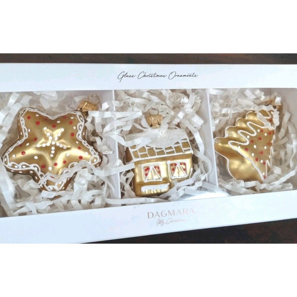 NIB Dagmara Polish Glass Christmas Ornaments Set 3 Gold Gingerbread House Star